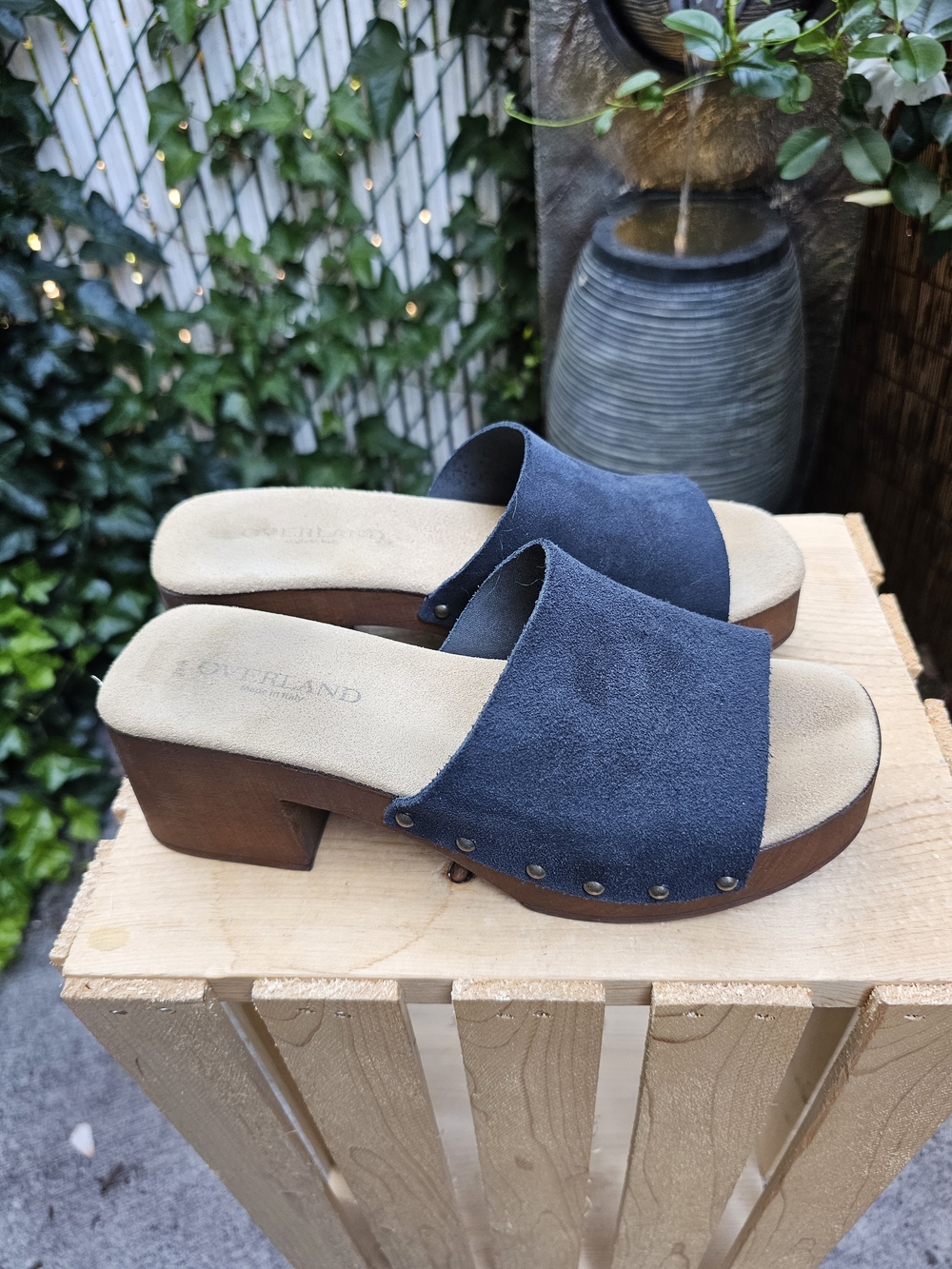 Overland Navy Suede Slide, Heels - Comfortable Block Heel Mules, Made In Italy